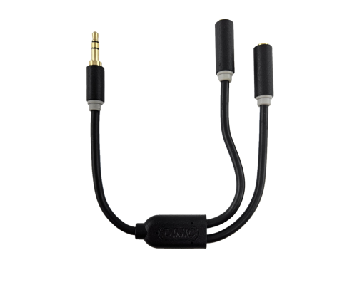 Audioadapter 3,5mm Klinke auf 2x Bu., Anschluss von 2x 3,5mm Klinke an einen Anschluss, schwarz, DINIC Box mit Euroloch, Länge 0,20m